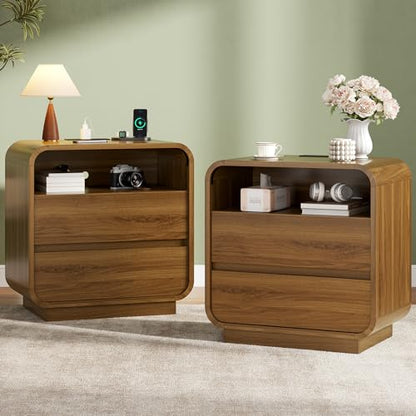 HAUOMS 23.6" Wide Wood Bedside Table, Curved Profile Design, Walnut | Charging Station, 2 Storage Drawers, 25" Tall Nightstand, Large Mid Century End Table, Bedroom/Living Room, Easy Assembly - color: Walnut