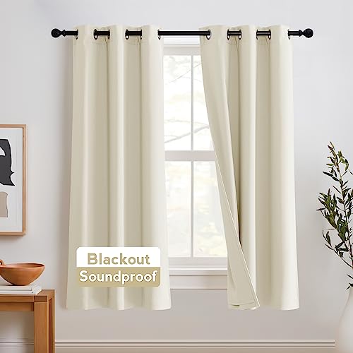 RYB HOME Noise Cancelling Curtains 63 inch Length 2 Panels Set- 3 Layers Total Blackout Curtains Soundproof Thermal Insulated Window Treatment for Kids Room Studio Bedroom, 42 x 63 inches, Beige | Noise Reducing, Thermal Insulated, With Detachable Felt Li