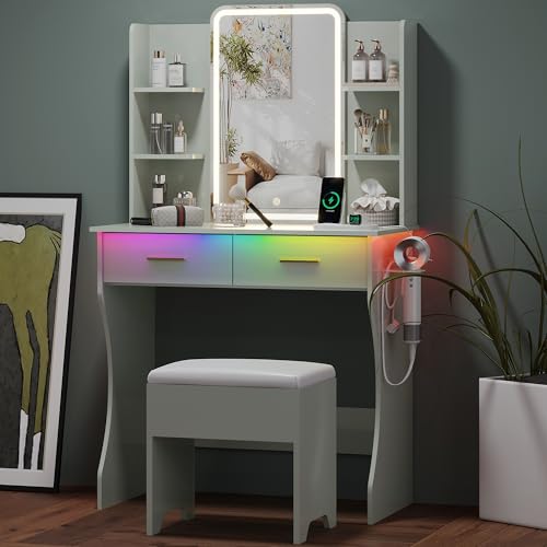 Small Vanity Desk with Mirror and Lights, Makeup Vanity with LED Lights, Green Vanity Mirror with Lighted Desk and Chair, 3 Lighting Adjustable Compact Dressing Table with Mirror for Women, Girls - color: Green, size: 29.88x15.09x51.30 in