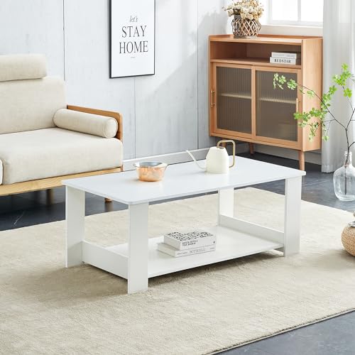 Modern White Coffee Table, Minimalist Rectangle Living Room Table,Wood and Metal Cocktail Coffee Table for Home Bedroom Office (White, 43.3"*21.6"*16.5") - color: White, size: 43.3"*21.6"*16.5"