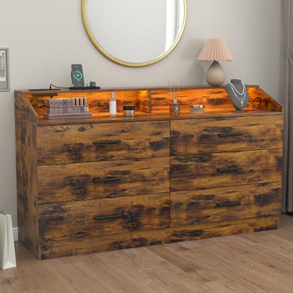 6 Drawer Dresser for Bedroom with Charging Station, Dresser with LED Light | Chest of Drawers for Closet, Modern Dressers with Open Storage Cubby, Double Wide Dressers - color: Brown