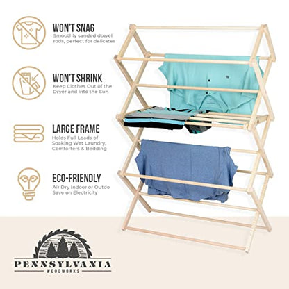 Clothes Drying Rack: Solid Maple Hard Wood Laundry Rack for Sweaters, Blouses, Lingerie & More, Durable Folding Drying Rack, Made in USA, No Assembly Needed, Large - color: Large