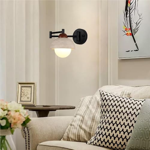 Matte Black Swing Arm Wall Sconce, Adjustable E26 Hardwired Vanity Light, Modern Travertine Lamp for Bedroom Bedside, Bathroom, Living Room