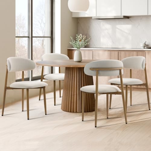UVV Dining Chairs Set of 4, Metal Kitchen Chairs with Modern Fabric Upholstered for Dining Room, Beige - color: Beige Seat /Wood-grain Metal Legs