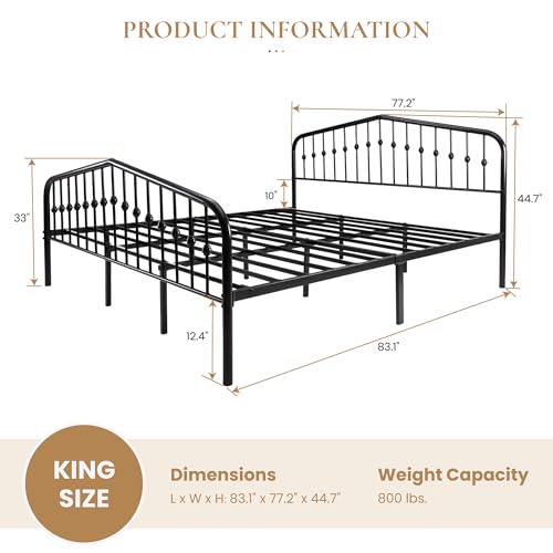 SHA CERLIN King Size Metal Bed Frame with Wrought Iron-Art Headboard, Black | Victorian Style Metal Platform Bed Frame, Wrought Iron-Art Headboard and Footboard, Under-Bed Storage, No Box Spring Needed - color: Black, size: King