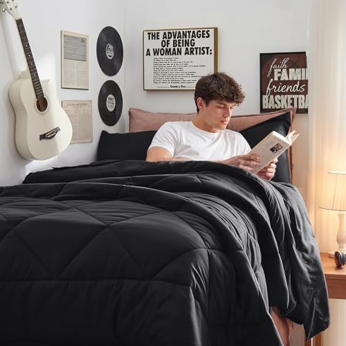 5-Piece Twin Comforter Set, Black | Reversible, All-Season, Soft, 5 Piece Set, All-Season Reversible Bed in a Bag, Flat Sheet, Fitted Sheet, Pillowcases - color: Black, size: Twin