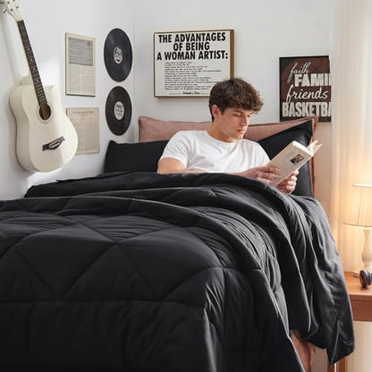 5-Piece Twin Comforter Set, Black | Reversible, All-Season, Soft, 5 Piece Set, All-Season Reversible Bed in a Bag, Flat Sheet, Fitted Sheet, Pillowcases - color: Black, size: Twin