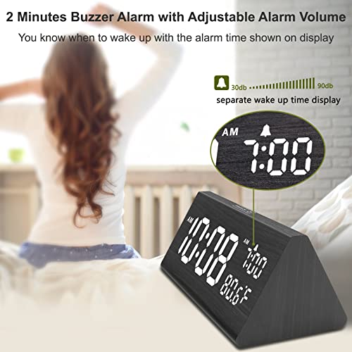 DreamSky Wooden Digital Alarm Clock for Bedroom with USB Port | 7.7" Electric Clocks with Large Numbers, Temperature, 0-100% Brightness Dimmer, Adjustable Alarm Volume, Snooze, 12/24H - color: Gray
