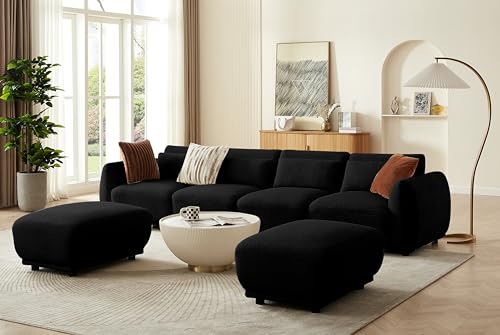 U Shaped Cloud Sectional, Convertible L Shaped Couch with Removable Ottomans,Modular Cloud Couch Sectional for Living Room (4 Set + 2 Ottomans - Black) - color: Black, size: 4set+2 Ottoman
