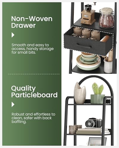 5 Tier Ladder Shelf with Drawer, Tall Ladder Bookshelf, Standing Bookcase with Metal Frame for Living Room, Bathroom, Home Office, Study, Balcony, Black TCJ07BB - color: Black