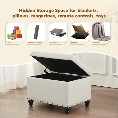 Zihanhome Small Storage Ottoman, Tufted Ottoman Foot Rest, Foot Stools, 24" Upholstered Rectangle Bench with Solid Wood Legs for Living Room, Bedroom, Dorms and Apartments (White) - color: White