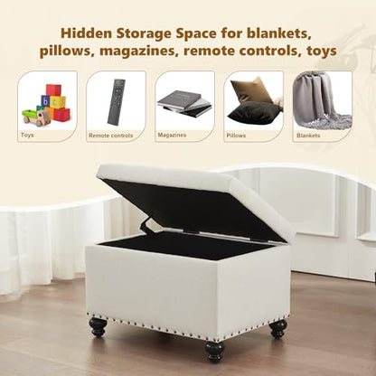 Zihanhome Small Storage Ottoman, Tufted Ottoman Foot Rest, Foot Stools, 24" Upholstered Rectangle Bench with Solid Wood Legs for Living Room, Bedroom, Dorms and Apartments (White) - color: White