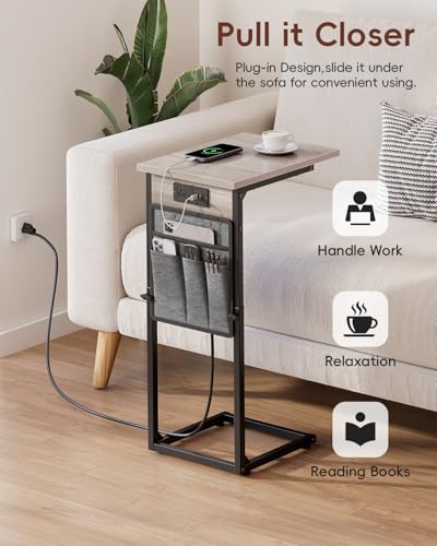 C Shaped End Table with Charging Station, Adjustable Height Side Table for Couch Recliner, Small Sofa Table with Storage Bag, Slide Under Sofa TV Tray Arm Table for Living Room, Bedroom, Gray - color: Greige, style: With Plug