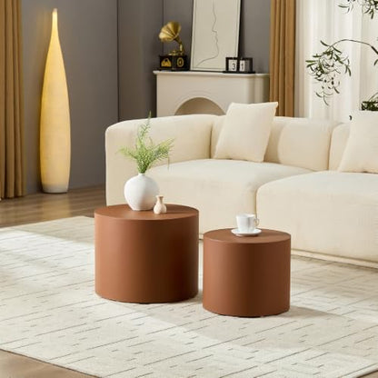 Round Nesting Coffee Table Set of 2 for Living Room, Brown | Saddle Leather Side Tables, 19 in. and 15 in. Accent and End Tables, Wood Frame, 200 lbs Capacity, Bedroom Home Office - color: 19.1" Round Brown