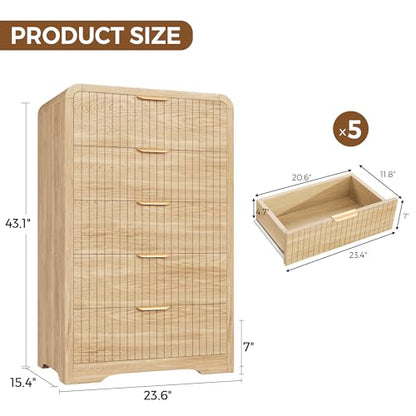 Jocoevol Fluted 5 Drawer Dresser, 43" Tall Dresser Chest of Drawers Curved Profile Design, Wood Mid Century Vertical Dresser Natural Texture for Bedroom, Natural Oak Dresser