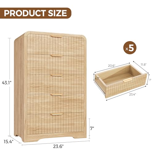 Jocoevol Fluted 5 Drawer Dresser, 43" Tall Dresser Chest of Drawers Curved Profile Design, Wood Mid Century Vertical Dresser Natural Texture for Bedroom, Natural Oak Dresser