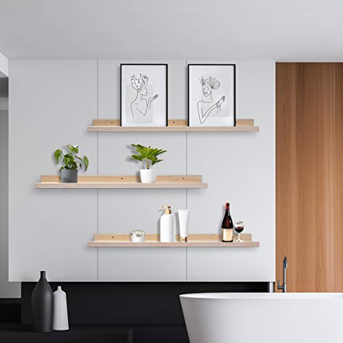 AZSKY 36 Inch Picture Ledge Shelf Solid Wood Large Floating Shelves Wall Mounted Rustic Natural Shelves for Home, Living Room, Bedroom, Bathroom, Office 3 Same Sizes - color: Natural, size: 36in set 3