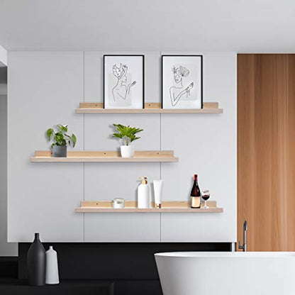 AZSKY 36 Inch Picture Ledge Shelf Solid Wood Large Floating Shelves Wall Mounted Rustic Natural Shelves for Home, Living Room, Bedroom, Bathroom, Office 3 Same Sizes - color: Natural, size: 36in set 3