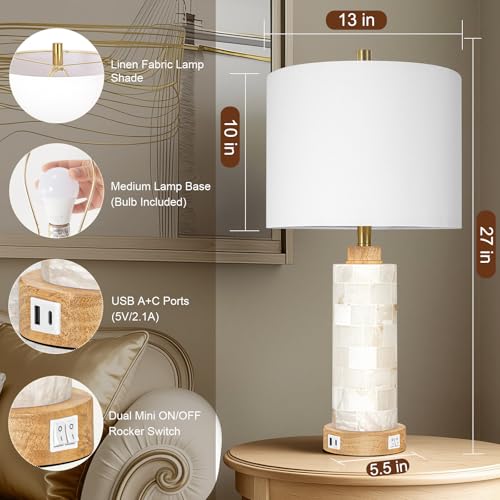 KIVDITZO 27" Alabaster and Wood Table Lamps Set of 2 with Night Light | Nightstand Lamps with USB Ports, White Linen Fabric Shade, Bedside Lamp for Living Room Bedroom Home Office Hotel Bar House - color: Cream White