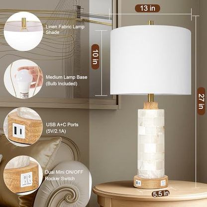 KIVDITZO 27" Alabaster and Wood Table Lamps Set of 2 with Night Light | Nightstand Lamps with USB Ports, White Linen Fabric Shade, Bedside Lamp for Living Room Bedroom Home Office Hotel Bar House - color: Cream White