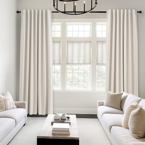 Topfinel 92 Inch Long Black Out Custom Drapery 2 Panels Neutral Blackout Cream White Curtains, Sun Blocking Tab Top Curtain Room Divider, Internet Famous Textured Linen Curtains 52" X 92", Bay Window - color: Birch, size: 52"W x 92"L (Pack of 2)