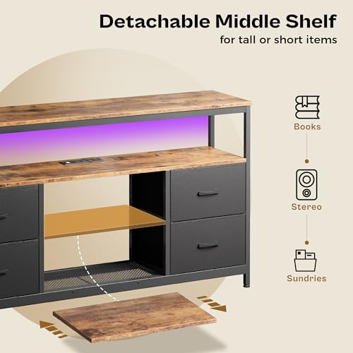 Huuger TV Stand Dresser with Power Outlets and LED Lights, 4 Drawers Entertainment Center with Shelves, 54 Inch Media Console for 55 60 Inch TV, PU Finish, Rustic Brown and Black - color: Rustic Brown and Black, size: 54 Inches