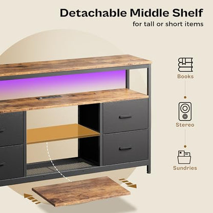 Huuger TV Stand Dresser with Power Outlets and LED Lights, 4 Drawers Entertainment Center with Shelves, 54 Inch Media Console for 55 60 Inch TV, PU Finish, Rustic Brown and Black - color: Rustic Brown and Black, size: 54 Inches
