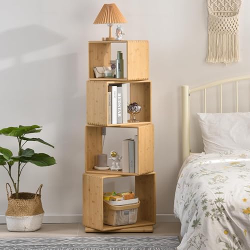 4-Tier Modern Rotating Bamboo Bookcase, DIY Free-Standing Bookshelf Large Capacity Creative Open Book Cabinet, 2 in 1 Nightstand Storage Organizer Lattice Shelf for Home, Office, Living Room, 4-Cube - size: 4-Tier