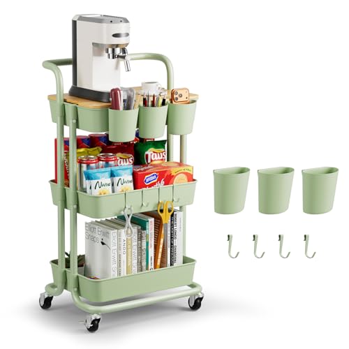 3 Tier Rolling Cart, Multifunctional Storage Cart with Table Top | Lockable Wheels, Heavy Duty Metal Frame Utility Cart for Kitchen, Bathroom, Office, Bedroom (Green) - color: Green