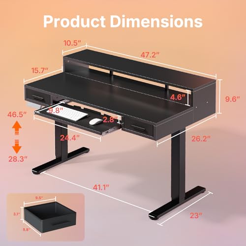 HUANUO 48″ x 26″ Electric Standing Desk with 2 Drawers &24.4″ Large Keyboard Tray, C-Clamp Mount Compatible, Adjustable Computer Desk for Office, Sit Stand Up Desk with 4 Height Presets, Black - color: Black, size: 48*26 inch