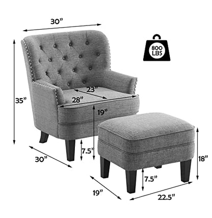 Rosevera Accent Chair with Ottoman Set - Mid-Century Modern Upholstered Armchair for Living Room or Bedroom - Comfy Reading Chair with Footrest, Small Accent Chair -Grey - color: Linen Grey With Ottoman