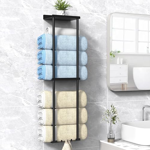 Liuoud Towel Rack for Bathroom, Wall Mounted Vertical Rolled Towel Storage Organizer Holder with Shelf, Holds Up 6 Large Bath Sheets, Black - color: Black, size: Standard Size