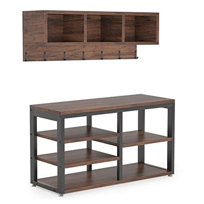 Tribesigns Industrial [Shoe] [Rack] [Bench] with Coat [Rack] Set with Hall Tree, 3 Storage Cubbies, 7 Hooks for Entryway, Hallway, 5-in-1Design, Rustic Brown - color: Rustic Brown