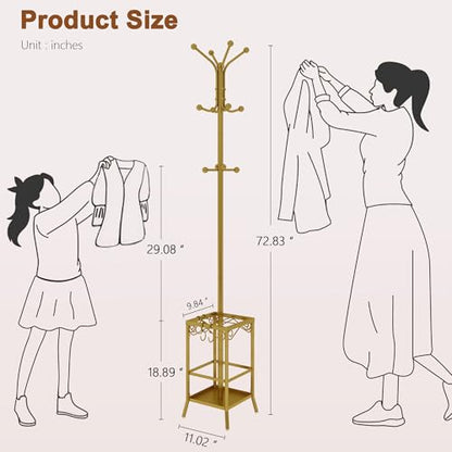 Hoctieon Coat Rack Freestanding, Coat Tree with Umbrella Holder | Metal Coat Rack Stand with 12 Hooks, Standing Coat Hanger Stand, Umbrella Stand for Entryway, Hat Rack Stand for Home Office - color: Gold