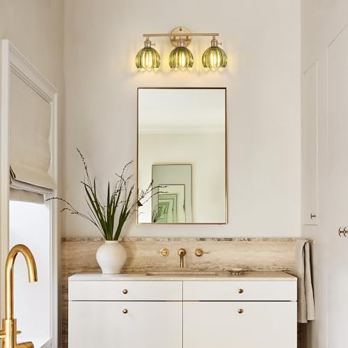 Shenmoyl Bathroom Light Fixtures, 3-Light Brass Vanity wall Light Over Mirror with Green Tulip Glass Shade for Bedroom Living Room (Bulb Not Included) - color: Yellow Gold Base-Green, size: 3-light