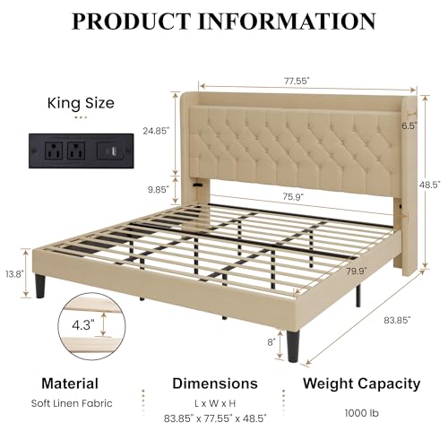 SHA CERLIN King Size Platform Bed Frame with Charging Station, Linen Wingback Headboard with Storage Shelf, Wooden Slats Support, Ample Under-Bed Space, No Box Spring Needed, Easy Assembly, Beige - color: Beige, size: King