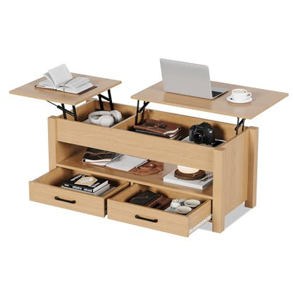 Multifunctional Lift Top Coffee Table, Convertible Wooden Coffee Table with 2 Drawers & Hidden Compartment, Storage Center Table for Living Room Home Office,Natural - color: Natural Wood