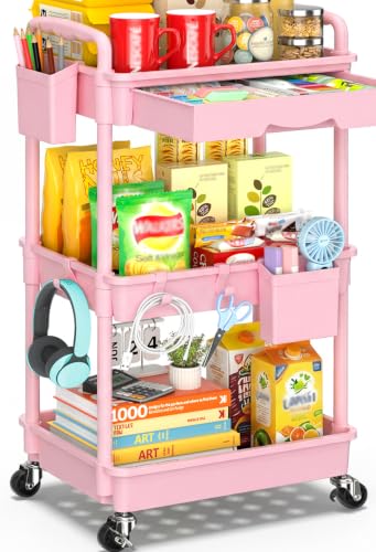 SUNALLY 3 Tier Rolling Cart with Drawer, Craft Storage Cart Organizer, Pink | Bathroom Storage Organizer with 2 Lockable Wheels, Rolling Utility Cart for Kitchen, Office, Baby, Makeup, Nail,Snack,Laundry - color: Pink, size: 3 Tier