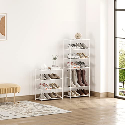 Small Shoe Rack 6-8 Pairs Sturdy Shoe Shelf 4-Tiers Narrow Stackable Shoe Organizer,Lightweight Kids Shoe Racks for Entryway, Doorway and Closet(White) - size: 4-White