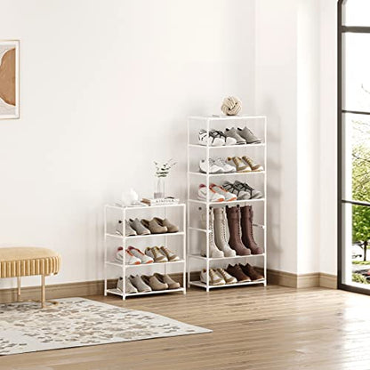 Small Shoe Rack 6-8 Pairs Sturdy Shoe Shelf 4-Tiers Narrow Stackable Shoe Organizer,Lightweight Kids Shoe Racks for Entryway, Doorway and Closet(White) - size: 4-White