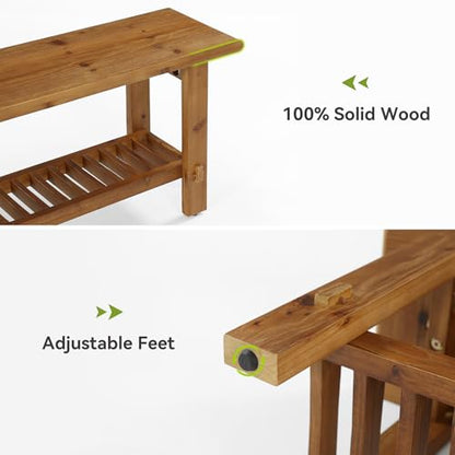 LITTLE TREE Solid Wood Entryway Shoe Bench, 63" Farmhouse Narrow End of Bed Bench with Storage Rack for Bedroom, Living Room, Entry Way, Front Door, Window, Hallway, Rustic Brown