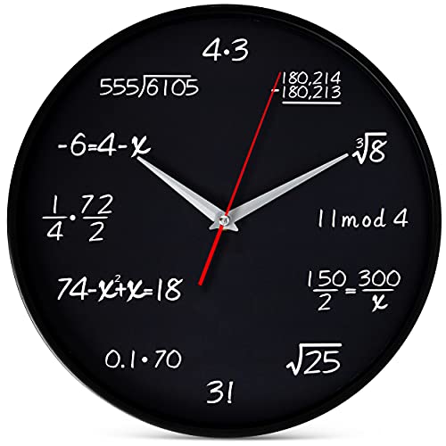 Bernhard Products Math Wall Clock Black 12 Inch Silent Non-Ticking Unique Gift for Teacher/Student/Engineer Graduate Quartz Round Battery Operated, Home Office School Classroom, Mathematical Equations - style: Math Equations