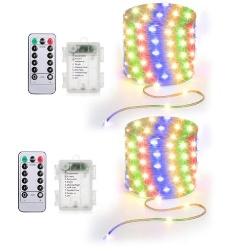 16.5ft Battery Operated String Lights (2 Pack), 50 LED Fairy String Lights Battery Powered with Remote & Timer for Indoor Outdoor Christmas Trees Wreath Decoration Bedroom Patio - Multicolor - color: Clear Wire - Multi