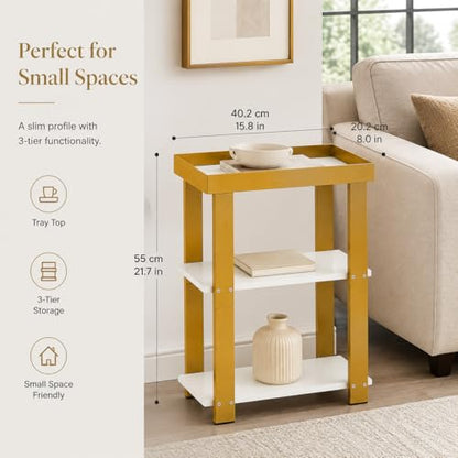 3-Tier Narrow Side Table with Tray Top, Slim Side Table, White&Gold | Modern Skinny End Table with Storage, Thin Nightstand Bedside Table for Small Spaces, Living Room, Bedroom or Bathroom - color: White + Gold