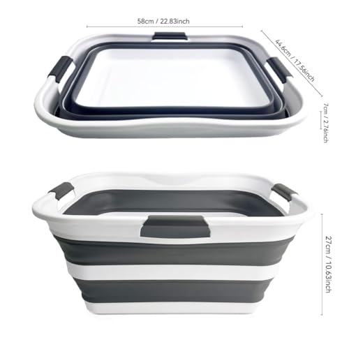 SAMMART Collapsible Plastic Laundry Basket Washing Tub Foldable Pop Up Storage Container-Space Saving/Portable Laundry Hamper. Ideal for Home, Travel, Dorm, and Camping (White/Steel Grey, 42L) - color: White/Steel Grey, size: 42L
