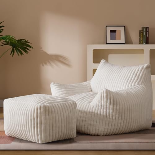 Oversized Bean Bag Chaise Lounge Chair Indoor for Adults with Armrests & Ottoman - Giant Comfy Beige Beanbag Lazy Floor Sofa Cloud Accent Chair for Reading, Gaming, Cozy Fluffy Cloud Mini Couch - color: Beige, size: XL Sofa Chair + Footstool
