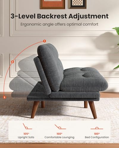 Amada 66 inch 3-in-1 Convertible Futon Sofa Bed, Gray | Adjustable backrest and armrests, strong wood legs and frame, loveseat for compact apartments and offices - color: Grey, size: 66 Inch