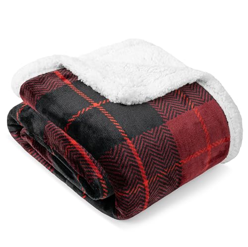 PAVILIA Plaid Sherpa Throw Blanket for Couch Sofa Bed, Black Red, 50x60 | GSM 460; Soft Plush Flannel Fleece; Warm&Cozy for Home; Machine Washable, Perfect Cabin Decor Winter Holiday Christmas Gift - color: Plaid Red, size: 50 x 60 Inches