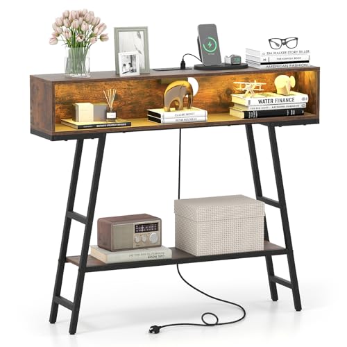 GIANTEX Modern Console Table with Charging Station & LED Lights | 40" Entryway Table w/ Storage Shelves, 3-Tier Display Shelf for Small Space, Sofa Table for Living Room, Rustic Brown + Black - color: Rustic Brown