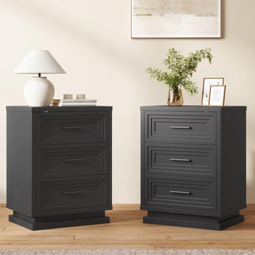 Nightstands Set of 2, Black Night Stand with 3 Drawers, Bedside Table for Bedroom with Metal Handle, Wood Modern End Tables Set of 2 for Bedroom - size: 2 Pieces